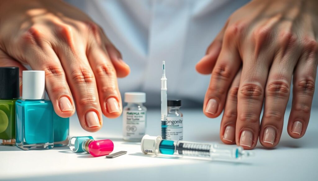 A close-up view of hands with psoriatic nail disease, showcasing various treatment options. The foreground features several nail polish bottles and nail files, suggesting cosmetic and self-care approaches. The middle ground displays a capsule and a syringe, representing oral and injectable biologic therapies. The background is a clean, clinical setting with a subtle gradient, emphasizing the medical nature of the treatments. Warm, natural lighting casts a soft glow, creating a sense of care and attention to detail. The composition is balanced, drawing the viewer's eye to the key treatment elements. The overall mood is one of informed, thoughtful consideration of the management strategies for this condition.