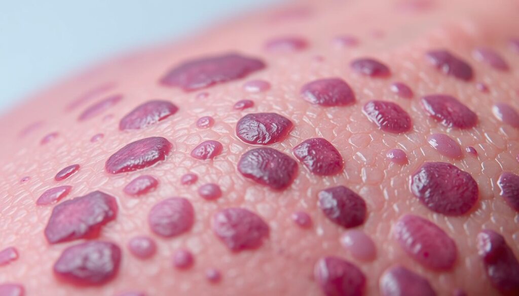 A close-up view of lichen planus skin lesions, characterized by purple-reddish, flat-topped papules and plaques with a distinctive violaceous hue. The foreground showcases the textured, scaly appearance of the affected skin, with a focus on the irregular, angular patterns and the glistening surface reflecting the soft, even lighting. The middle ground blurs into a neutral, muted background, allowing the intricate details of the skin condition to be the central focus. The overall mood is clinical yet visually captivating, inviting the viewer to study the unique characteristics of this dermatological condition.