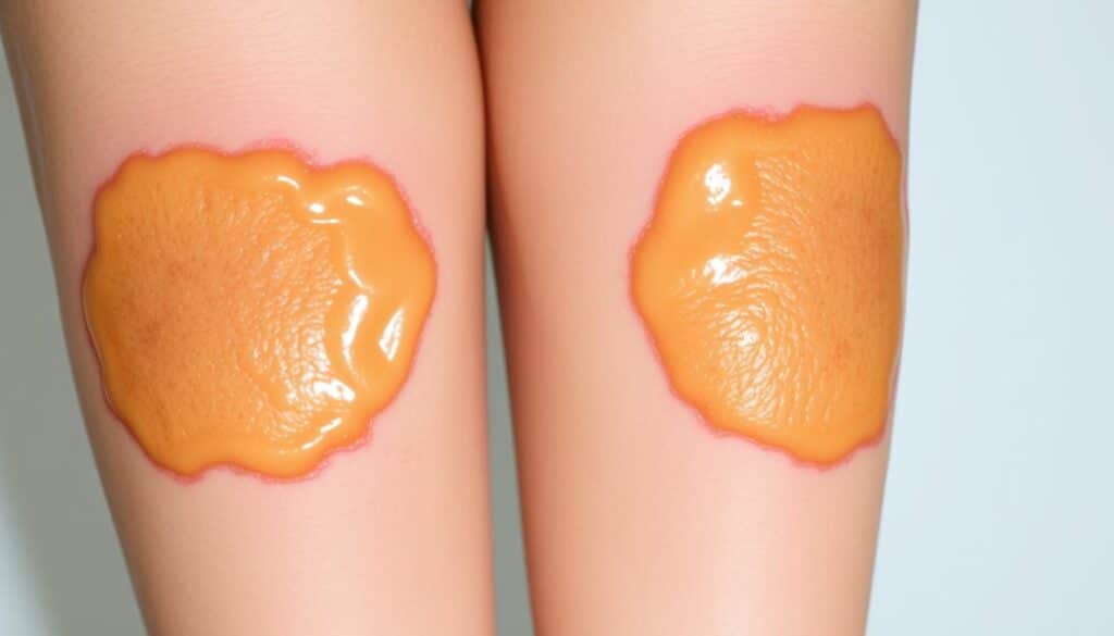 A close-up view of necrobiosis lipoidica lesions, showcasing their characteristic appearance. The lesions are depicted as shiny, yellow-brown, atrophic plaques with a distinct border, overlying the anterior aspect of the lower extremities. The skin texture appears smooth and waxy, with a slight indentation visible. The lighting is soft and natural, highlighting the subtle color variations and textural details of the affected skin. The background is clean and uncluttered, allowing the viewer to focus solely on the diagnostic features of the condition.