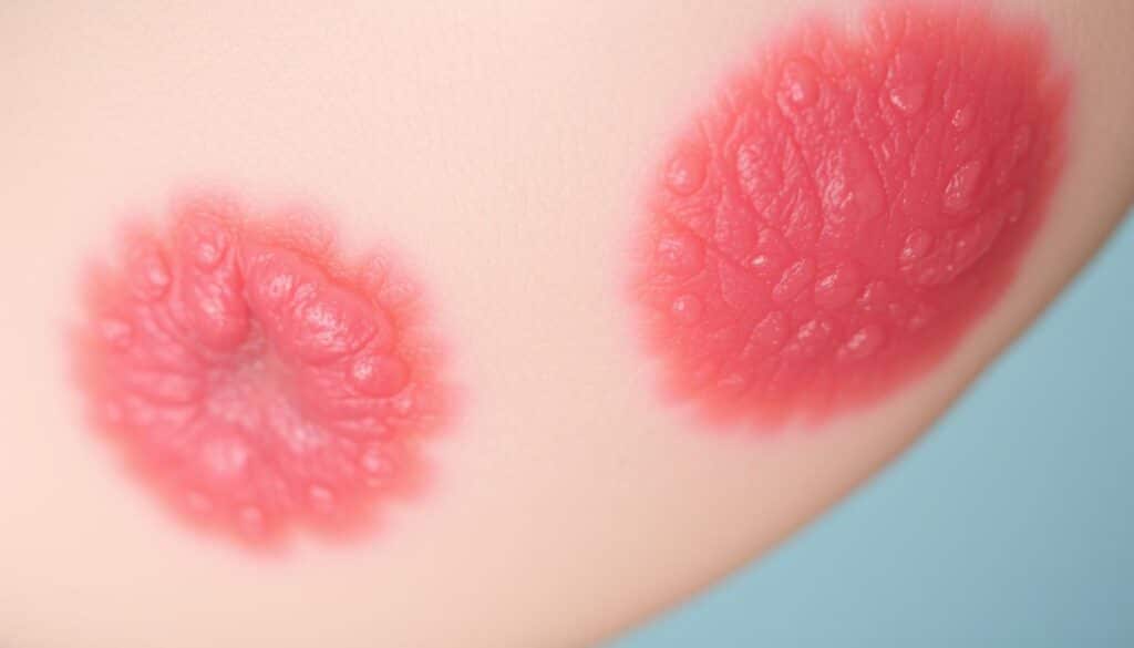 A close-up view of painful, blistered skin with a reddish-purple hue, showcasing the classic symptoms of herpes simplex virus infection. The lesions are prominently displayed against a softly blurred, neutral-toned background, emphasizing the focal point. Lighting is natural, slightly diffused to capture the textures and sheen of the inflamed skin. The camera angle is positioned to provide an informative, clinical perspective, allowing viewers to clearly identify and recognize the characteristic herpes outbreaks. An overall realistic, detailed, and medically accurate depiction to illustrate the section on "Recognizing Herpes Symptoms".