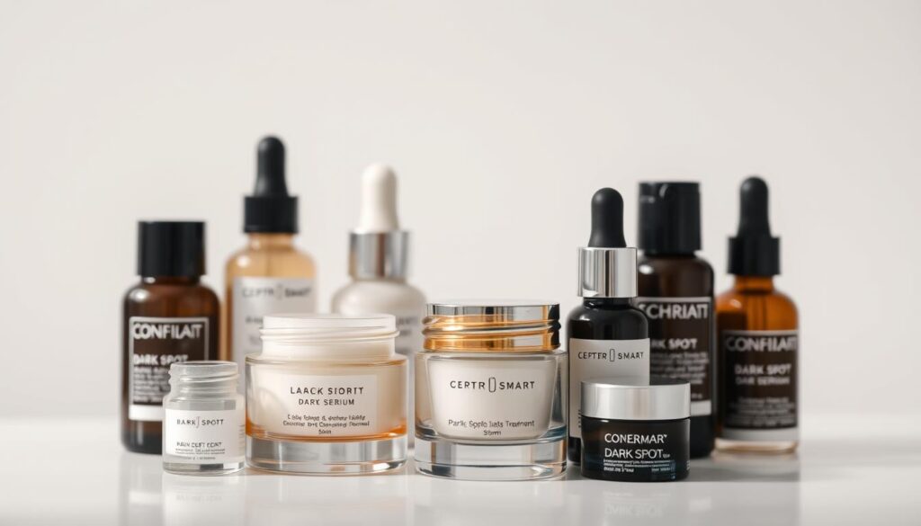 A close-up view of several glass jars and bottles filled with various dark spot treatments and serums, arranged neatly on a minimalist white surface. The lighting is soft and diffused, creating a clean, clinical atmosphere. The products feature sleek, modern packaging with simple, elegant designs. In the background, a soft, out-of-focus gradient in shades of gray or beige adds depth and a sense of sophistication. The overall composition emphasizes the efficacy and professionalism of the dark spot remedies, inviting the viewer to consider incorporating them into their skincare routine.