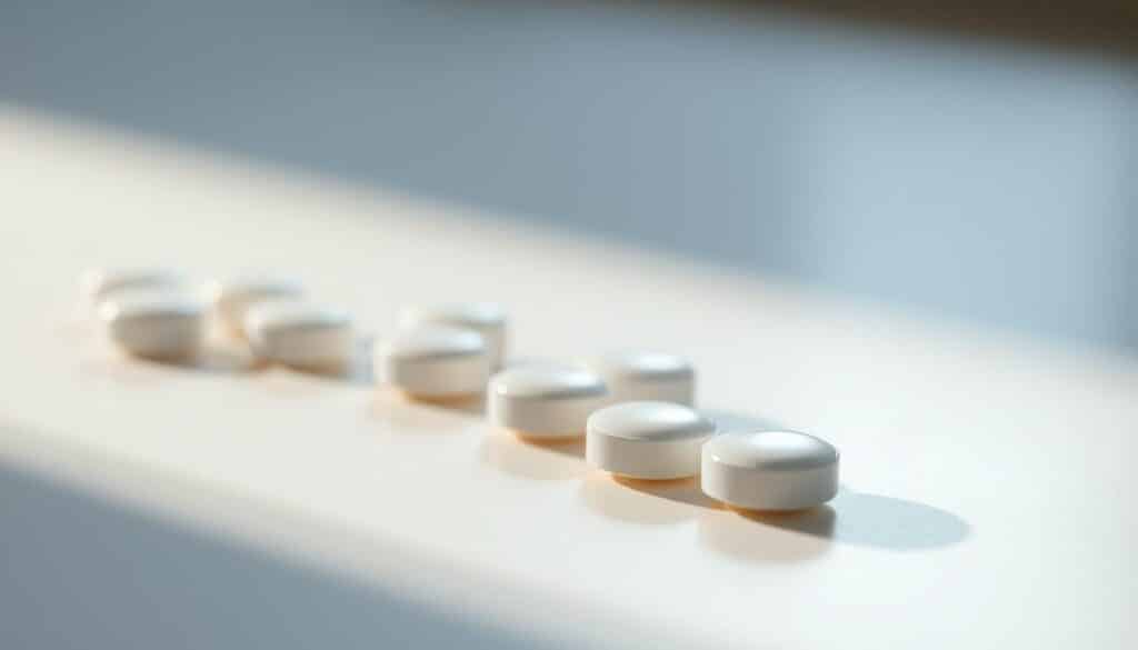 A close-up view of terbinafine tablets, a common oral antifungal medication used to treat onychomycosis. The tablets are placed on a clean, minimalist surface, illuminated by soft, directional lighting that casts gentle shadows. The image has a clinical, professional feel, with a shallow depth of field to keep the focus on the medication. The background is blurred, allowing the tablets to stand out prominently. The overall mood is one of medical precision and efficacy, conveying the importance of this treatment option for fungal nail infections.