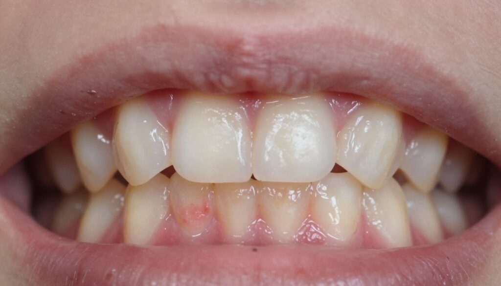 A close-up view of the roof of a mouth displaying a specific oral abnormality resulting from an allergic reaction. The image should illustrate a swollen, inflamed area with uneven texture, while highlighting the contrast with healthy tissue. The lighting is soft and natural, emphasizing the details of the oral cavity, creating a clinical yet educational atmosphere. The angle should be slightly above, providing a clear view of the anomaly while ensuring that the surrounding gum tissue is visible. The background is blurred to maintain focus on the mouth, adding a sense of professionalism suitable for a medical context. The overall mood is informative and serious, suitable for an educational article on health.