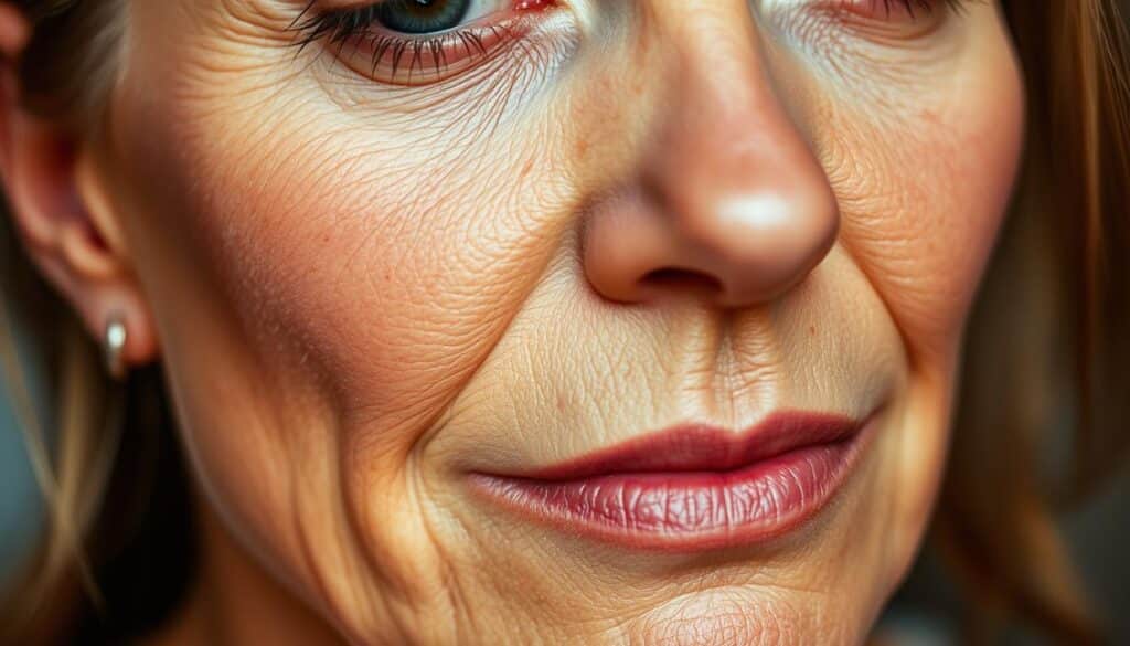 A close-up view of the skin on a woman's face in her 30s, showcasing the subtle yet notable changes that occur during this transitional decade. The skin appears slightly more textured, with the beginnings of fine lines around the eyes and forehead. The complexion exhibits a slightly more uneven tone, with a few discolored spots and a slight loss of elasticity. Soft, warm lighting gently illuminates the facial features, creating a sense of introspection and self-reflection. The image conveys the natural aging process with a sense of dignity and acceptance, inviting the viewer to explore the best skincare solutions for this stage of life. A close-up view of the skin on a woman's face in her 30s, showcasing the subtle yet notable changes that occur during this transitional decade. The skin appears slightly more textured, with the beginnings of fine lines around the eyes and forehead. The complexion exhibits a slightly more uneven tone, with a few discolored spots and a slight loss of elasticity. Soft, warm lighting gently illuminates the facial features, creating a sense of introspection and self-reflection. The image conveys the natural aging process with a sense of dignity and acceptance, inviting the viewer to explore the best skincare solutions for this stage of life.