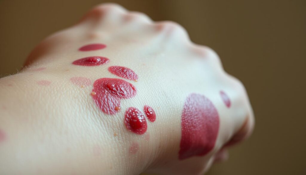 A close-up view of the skin on the forearm, showcasing the characteristic reddish-purple lesions and erythema associated with acute cutaneous lupus erythematosus (ACLE). The skin appears inflamed and irritated, with a slightly raised texture. The lighting is soft and diffused, highlighting the delicate details of the affected area. The background is blurred, keeping the focus on the intricate patterns and textures of the lesions. The overall mood conveys a sense of medical documentation, enabling a clear visual understanding of this specific manifestation of lupus.