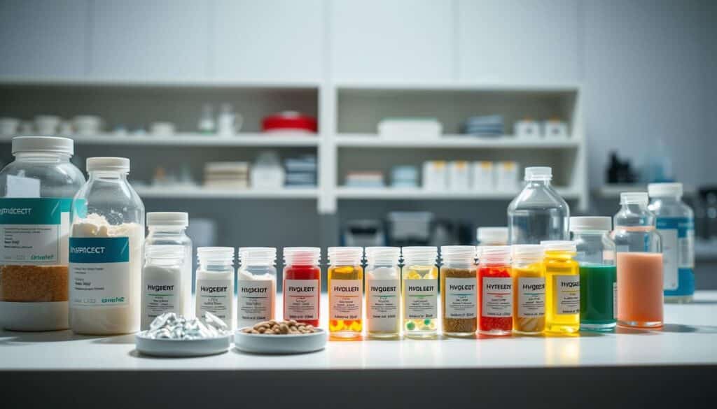 A close-up view of various hydration ingredient samples displayed on a clean, well-lit laboratory counter. The ingredients are arranged in neat rows, each with its own label and sample container. The lighting is bright and even, casting subtle shadows that accentuate the textures and colors of the powders, liquids, and tablets. The overall atmosphere is one of scientific investigation and attention to detail, inviting the viewer to study the components that make up a hydration formula.