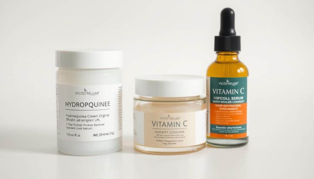 A close-up view of various treatment options for leg discoloration, including a bottle of hydroquinone cream, a tube of retinol serum, and a jar of vitamin C serum. The products are neatly arranged on a clean, minimalist background, with soft, even lighting illuminating the packaging and textures. The scene conveys a sense of professionalism and medical authority, highlighting the importance of these treatments in addressing skin concerns on the lower legs.