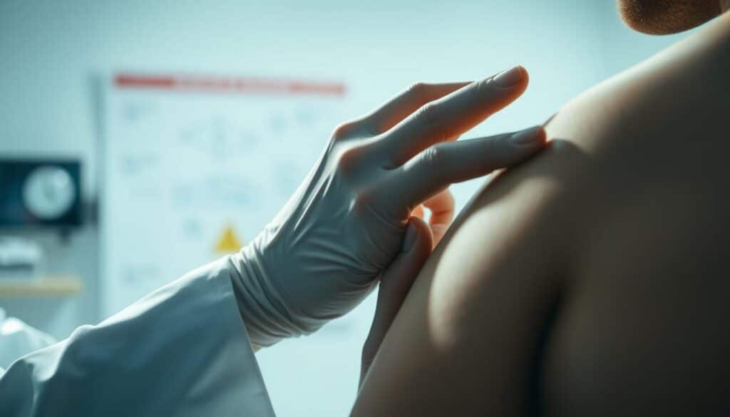 A closeup view of a doctor's hands carefully examining a patient's skin, searching for any abnormal growths or lesions. The bright lighting from the examination room casts a clinical yet reassuring glow, casting shadows that highlight the physician's intense focus. In the background, blurred medical equipment and charts suggest a professional, authoritative setting. The overall mood conveys a sense of thorough, meticulous investigation as the doctor methodically conducts the diagnosis process. A closeup view of a doctor's hands carefully examining a patient's skin, searching for any abnormal growths or lesions. The bright lighting from the examination room casts a clinical yet reassuring glow, casting shadows that highlight the physician's intense focus. In the background, blurred medical equipment and charts suggest a professional, authoritative setting. The overall mood conveys a sense of thorough, meticulous investigation as the doctor methodically conducts the diagnosis process.