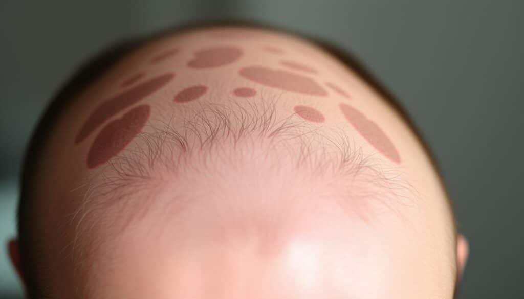 A closeup view of a human scalp, with visible patches of missing hair, highlighting the causes of alopecia areata. The scalp is illuminated by soft, natural lighting, revealing the subtle textures and details of the skin. The background is slightly blurred, keeping the focus on the affected areas of the scalp. The overall mood is one of scientific curiosity and medical interest, conveying the informative nature of the image.