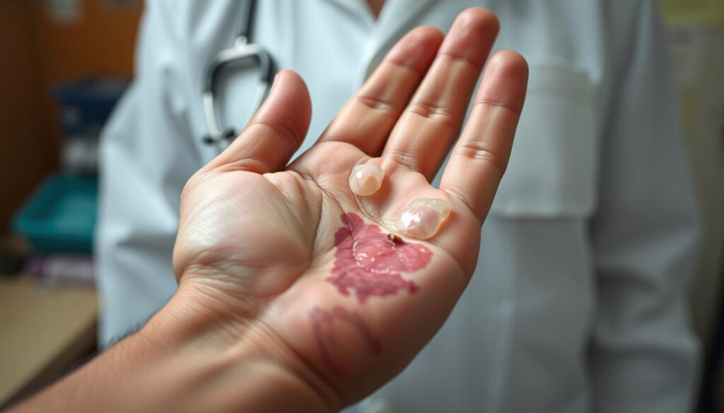 A closeup view of a person's hand, palm facing up, showing the typical symptoms of malaria: swollen, discolored skin with a rash, accompanied by visible veins and signs of discomfort. The lighting is soft and natural, capturing the skin's texture and hues. The background is slightly blurred, keeping the focus on the hand and the malaria-related details. The overall mood is one of clinical observation, conveying the medical aspects of the condition in a clear and informative manner. A closeup view of a person's hand, palm facing up, showing the typical symptoms of malaria: swollen, discolored skin with a rash, accompanied by visible veins and signs of discomfort. The lighting is soft and natural, capturing the skin's texture and hues. The background is slightly blurred, keeping the focus on the hand and the malaria-related details. The overall mood is one of clinical observation, conveying the medical aspects of the condition in a clear and informative manner.