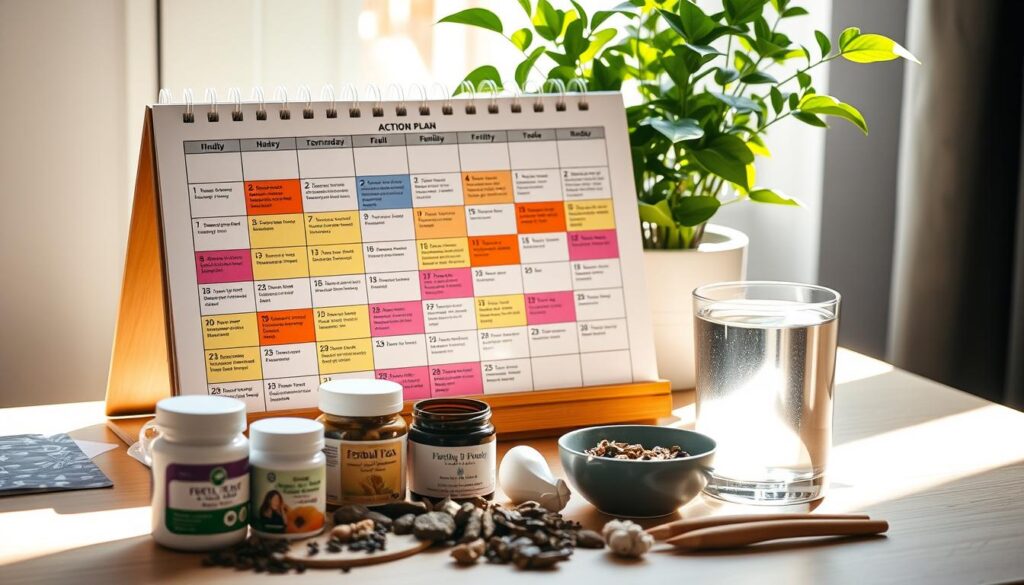 A colorful fertility action plan calendar on a wooden desk, illuminated by soft natural lighting. The calendar displays a grid of dates, with key fertility-related activities and appointments marked in vibrant hues. In the foreground, various fertility-boosting supplements, herbal teas, and a glass of water create a soothing, holistic atmosphere. The background features a lush, verdant potted plant, symbolizing growth and renewal. The overall composition conveys a sense of organization, intention, and a commitment to proactive fertility management. A colorful fertility action plan calendar on a wooden desk, illuminated by soft natural lighting. The calendar displays a grid of dates, with key fertility-related activities and appointments marked in vibrant hues. In the foreground, various fertility-boosting supplements, herbal teas, and a glass of water create a soothing, holistic atmosphere. The background features a lush, verdant potted plant, symbolizing growth and renewal. The overall composition conveys a sense of organization, intention, and a commitment to proactive fertility management.