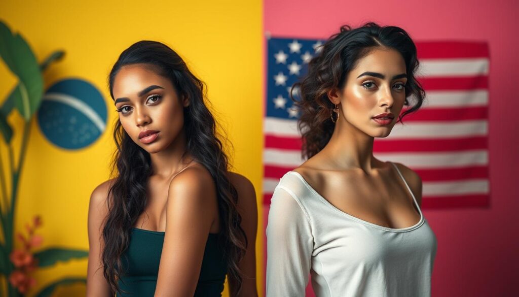 A comparative portrait showcasing the distinct beauty standards between American and Brazilian cultures. In the foreground, two female figures stand side-by-side, one with a curvaceous, voluptuous build typical of Brazilian ideals, the other with a slender, angular frame aligning with American norms. The middle ground highlights unique facial features, skin tones, and hairstyles that embody each region's aesthetic preferences. The background depicts vibrant, colorful backdrops - the warm, tropical hues of Brazil contrasted with the cool, minimalist tones of the United States. Soft, diffused lighting casts an ethereal glow, conveying a sense of harmony and inclusivity despite the cultural differences. The overall composition invites the viewer to consider the diversity of global beauty standards.