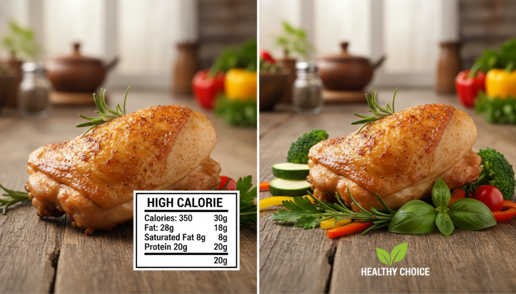 A comparison image featuring two chicken thighs with skin, displayed side by side on a rustic wooden table. The left thigh showcases a nutrition label highlighting high calorie content, while the right thigh has vibrant green herbs and vegetables arranged artfully around it to represent a healthier option. Soft, natural lighting illuminates the scene, creating a warm and inviting atmosphere. The background features hints of a kitchen with blurred utensils and ingredients, adding context without distraction. Emphasize the textures of the chicken skin, making it appear crispy and appetizing. Use a shallow depth of field to draw focus to the thighs, capturing the appetizing details and colors vibrantly, enhancing the overall visual appeal for an informative article section. A comparison image featuring two chicken thighs with skin, displayed side by side on a rustic wooden table. The left thigh showcases a nutrition label highlighting high calorie content, while the right thigh has vibrant green herbs and vegetables arranged artfully around it to represent a healthier option. Soft, natural lighting illuminates the scene, creating a warm and inviting atmosphere. The background features hints of a kitchen with blurred utensils and ingredients, adding context without distraction. Emphasize the textures of the chicken skin, making it appear crispy and appetizing. Use a shallow depth of field to draw focus to the thighs, capturing the appetizing details and colors vibrantly, enhancing the overall visual appeal for an informative article section.