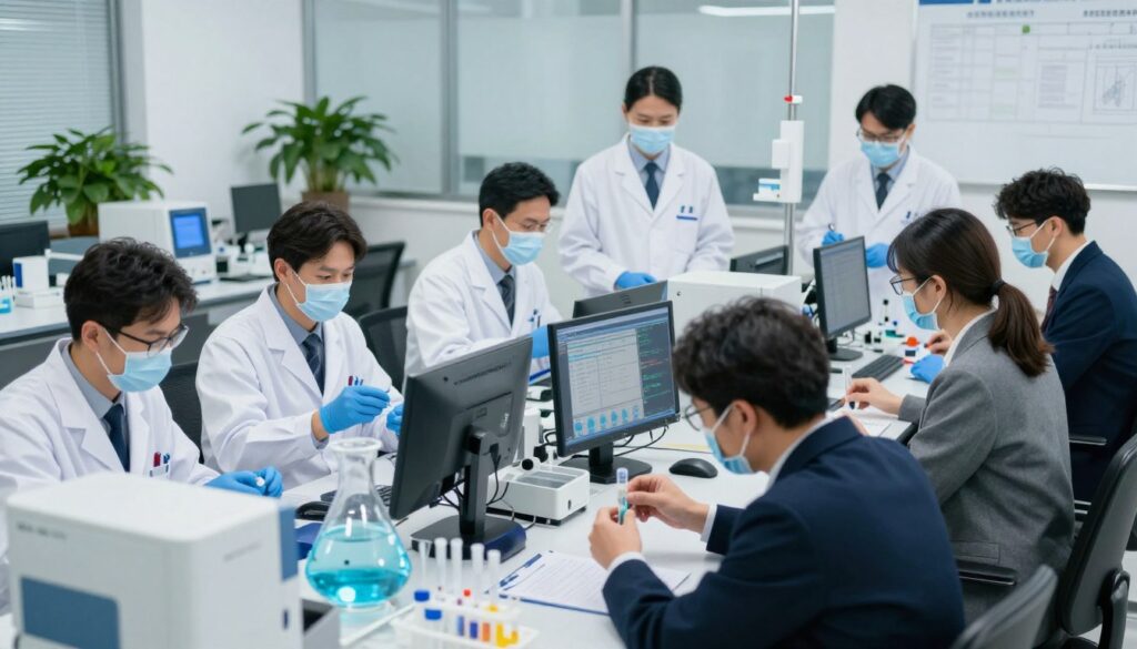 A comprehensive wastewater surveillance scene depicting a public health agency at work. Foreground features a diverse group of professionals in business attire, including scientists and public health officials, analyzing water samples with advanced laboratory equipment. In the middle ground, showcase testing apparatus and data screens displaying real-time results, highlighting the role of technology in monitoring public health. The background includes a modern office environment with large windows and green plants, conveying a sense of hope and diligence. The lighting is bright and clinical, suggesting a sterile yet dynamic atmosphere. Capture the mood of vigilance and determination in preventing norovirus outbreaks, emphasizing the importance of community safety and health guidelines.