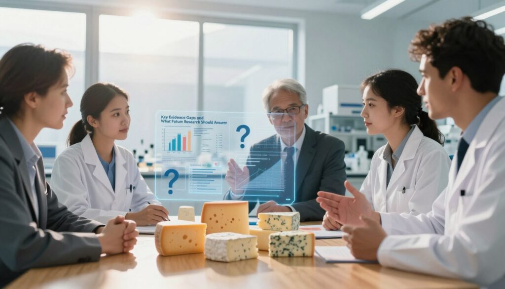 A conceptual image illustrating "Key Evidence Gaps and What Future Research Should Answer" regarding dementia risk and cheese consumption. In the foreground, a diverse group of researchers in professional attire, animatedly discussing data displayed on a transparent digital screen filled with graphs and question marks. In the middle, an arrangement of cheese varieties, including cheddar, brie, and blue cheese, on a polished wooden table, suggesting a focus on dietary research. The background features a bright, modern laboratory with large windows and sunlight streaming in, creating a hopeful and constructive atmosphere. Use a soft focus lens effect to emphasize the researchers while keeping the cheese varieties sharp, conveying an air of discovery and collaboration.