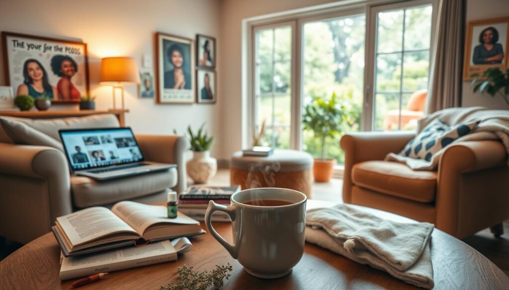 A cozy and supportive environment for managing PCOS, featuring a warm, soft-lit room with plush armchairs and a coffee table adorned with informative books, brochures, and a laptop displaying online support group forums. In the foreground, a welcoming mug of herbal tea steams gently, surrounded by self-care items like a journal, essential oils, and a weighted blanket. The middle ground showcases inspirational wall art and framed photos of diverse women, conveying a sense of community and empowerment. The background transitions to a lush, serene garden visible through large windows, symbolizing the holistic approach to PCOS management.