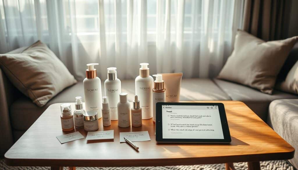 A cozy corner of a modern living room, with a neatly arranged display of various skincare products on a sleek wooden table. The products are accompanied by handwritten notes and a tablet displaying positive customer reviews. Soft, natural lighting filters through sheer curtains, casting a warm, inviting glow over the scene. The overall atmosphere conveys a sense of trust, authenticity, and a genuine desire to share customer experiences. The composition emphasizes the thoughtful curation of the display, drawing the viewer's attention to the products and the engaging customer feedback.