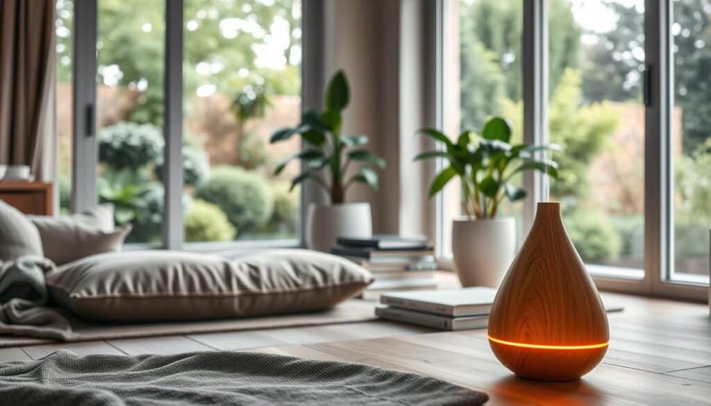 A cozy home interior with a modern wellness-focused layout. In the foreground, a sleek diffuser gently emits soothing essential oils, casting a warm glow. Midground features an elegant meditation cushion, a stack of wellness books, and a potted plant. The background showcases large windows overlooking a lush garden, allowing natural light to flood the space. Soft textures, muted colors, and clean lines create a harmonious, spa-like ambiance conducive to relaxation and rejuvenation. The scene conveys a sense of tranquility and mindfulness, reflecting the therapeutic benefits of incorporating wellness practices into one's daily life.