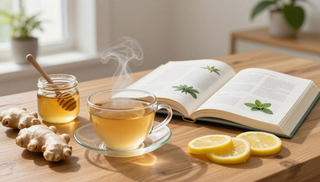 A cozy home remedy setup for congestion, featuring a wooden table adorned with an array of natural ingredients. In the foreground, a steaming cup of herbal tea is accompanied by fresh ginger, lemon slices, and a small honey jar, radiating warmth and health. In the middle ground, an open cookbook displays pages with highlighted herbal remedies, such as eucalyptus and peppermint. The background includes a softly blurred indoor setting with a houseplant, enhancing the homey atmosphere. Soft, natural lighting filters in through a window, creating a warm and inviting mood. The entire scene conveys a sense of comfort and well-being, emphasizing self-care and natural healing.