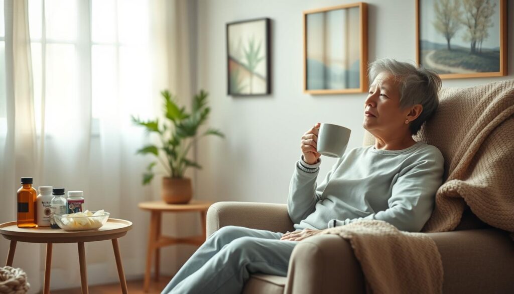 A cozy home setting portraying a peaceful environment for managing scromiting symptoms. In the foreground, a person in modest casual clothing sits in a comfortable armchair, looking relieved while sipping herbal tea from a mug, with a calming expression on their face. The middle layer features a small side table with a bowl of ice chips and a few medication bottles organized neatly, along with a guidebook on scromiting management. In the background, soft lighting from a window provides a warm atmosphere, complementing pastel-colored walls adorned with soothing nature-themed art. A plush throw and a warm blanket draped over the armchair add to the comforting ambiance, inviting tranquility and reassurance for those dealing with this condition.