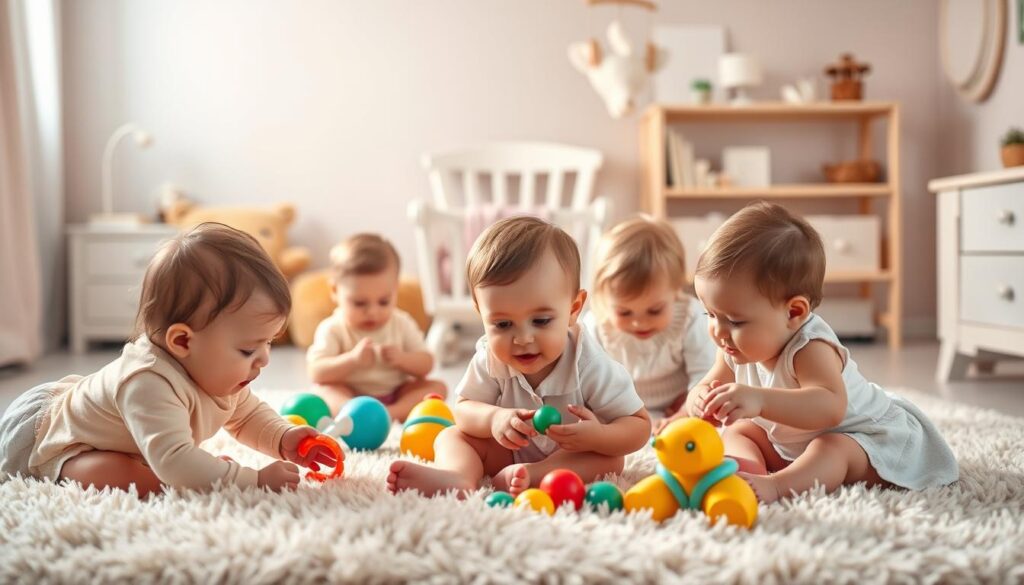 A cozy nursery scene with a group of infants and young children playing happily on a plush rug. Soft, warm lighting illuminates their delicate features as they explore colorful toys and interact with each other. In the middle ground, a caring caregiver watches over them, exuding a sense of nurturing and protection. The background is a tranquil, pastel-hued room, with subtle details like a rocking chair and a mobile hanging from the ceiling, creating an atmosphere of comfort and security. The overall mood is one of innocence, joy, and the vulnerability of early childhood.