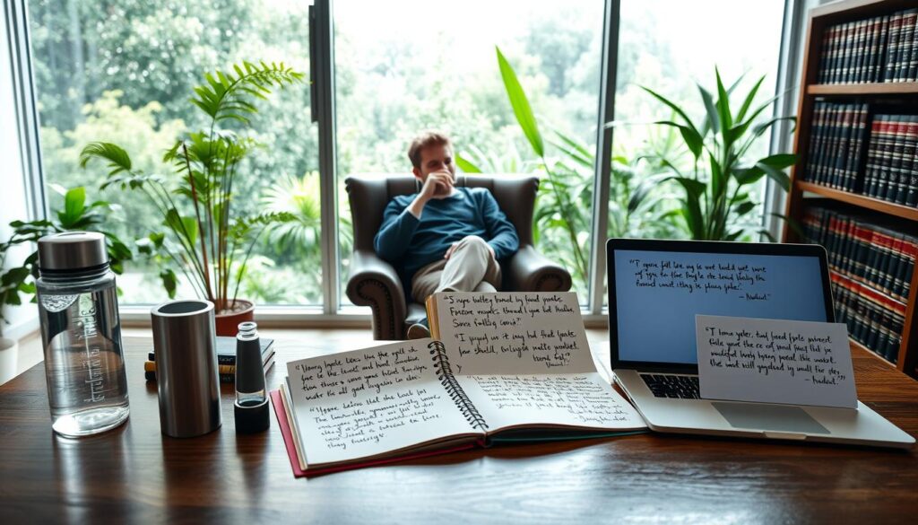 A cozy office setting with a large window overlooking a lush, verdant garden. In the foreground, a wooden desk holds various hydration products, including a sleek water bottle and a vibrant, fruit-infused pitcher. On the desk, several open notebooks and a laptop display testimonials from satisfied users, their handwritten accounts and digital reviews conveying the benefits of improved hydration. The middle ground showcases a comfortable leather armchair, where a person sits contentedly, sipping from a glass. Soft, diffused lighting filters through the window, creating a warm, inviting atmosphere. The background features a bookshelf filled with legal tomes, hinting at the professional nature of the space.