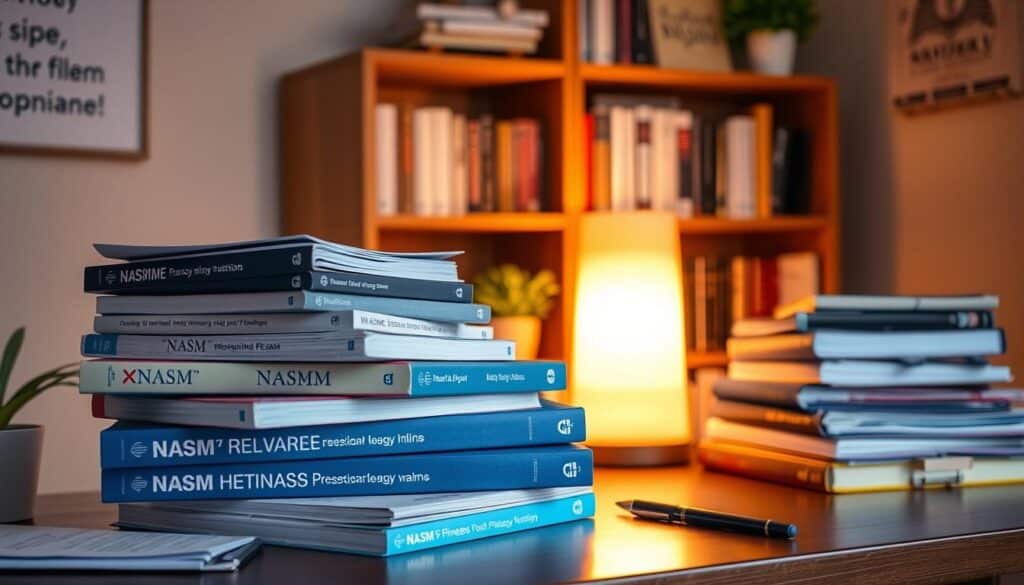 A cozy study nook with a stack of NASM-branded textbooks, notes, and exam preparation materials. The desk is well-lit by a warm, ambient lamp casting a soft glow. In the background, a bookshelf displays relevant fitness and nutrition resources. The environment exudes a sense of focused determination, with subtle personal touches like a potted plant or a motivational quote on the wall. The overall scene conveys a productive, study-friendly atmosphere ideal for NASM exam preparation.
