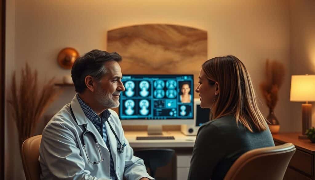 A cozy, well-lit dermatology office, with a warm, inviting atmosphere. In the foreground, a dermatologist sits across from a patient, their faces engaged in a personalized consultation. The dermatologist's expression is one of attentive care, as they examine the patient's skin under the soft glow of a high-resolution camera. Behind them, a sleek, modern workstation displays detailed skin analysis data, providing a comprehensive understanding of the patient's unique skin concerns. The background features soothing, earthy tones and natural elements, creating a sense of tranquility and professionalism. Soft, directional lighting creates depth and highlights the intimacy of the moment, capturing the essence of a personalized skin consultation.