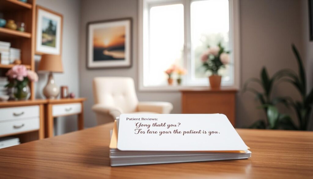 A cozy, well-lit medical office setting with a wooden desk, fresh flowers, and a calming atmosphere. In the foreground, a stack of patient review cards are neatly arranged, showcasing glowing testimonials handwritten in elegant cursive. The middle ground features a soothing painting on the wall, while the background has a large window allowing natural light to pour in, creating a serene and inviting ambiance. The overall composition conveys a sense of professionalism, care, and authenticity, perfectly capturing the essence of the "Patient Experience and Authentic Reviews" section.