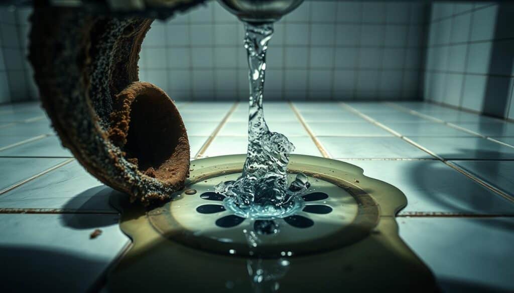 A cross-section of a clogged sewer line, the clear water of a shower drain gurgling up and spilling onto a tiled bathroom floor. The foreground features the blocked pipe, its interior caked with accumulated debris and grime. The middle ground showcases the shower drain, the water bubbling up through the grate. In the background, the clean, well-lit bathroom tiles offer a stark contrast to the unsanitary conditions in the pipes. Dramatic, moody lighting casts long shadows, emphasizing the technical details of the plumbing system. An angle that suggests the viewer's eye-level, creating a sense of immersion and the urgency of the situation.