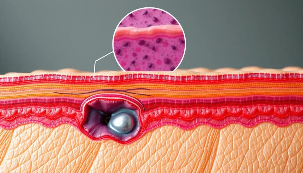 A cross-section of the skin, showcasing the intricate pathophysiology of bullous pemphigoid. In the foreground, a detailed illustration of the epidermis and dermis, with emphasis on the disruption of the basement membrane zone and the formation of subepidermal blisters. Subtle hues of pink and red accentuate the inflammatory response, while shades of purple and blue depict the autoantibody-mediated damage. In the middle ground, a microscopic view of the affected skin, highlighting the infiltration of immune cells and the separation of the epidermis from the dermis. In the background, a muted color palette sets the stage, conveying the clinical presentation of tense, fluid-filled bullae on the skin's surface.