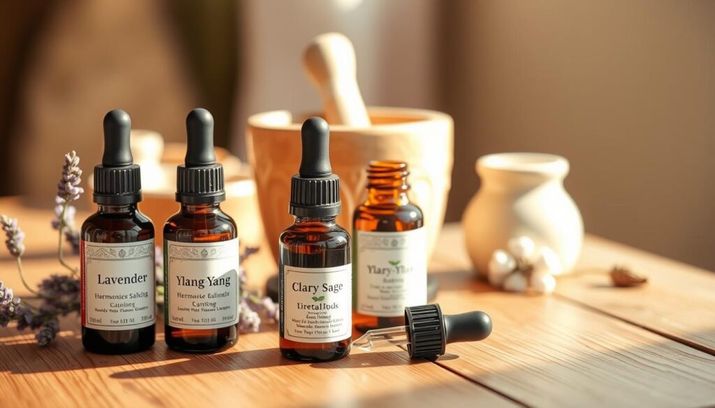 A delicate arrangement of essential oil bottles and droppers on a wooden table, bathed in warm, natural lighting. In the foreground, a selection of calming, hormone-balancing oils like lavender, ylang-ylang, and clary sage, their labels clearly visible. In the middle ground, a mortar and pestle, hinting at the ritual of blending and applying these natural remedies. The background is softly blurred, evoking a serene, spa-like atmosphere, inviting the viewer to experience the restorative power of these botanical allies for hormonal harmony.