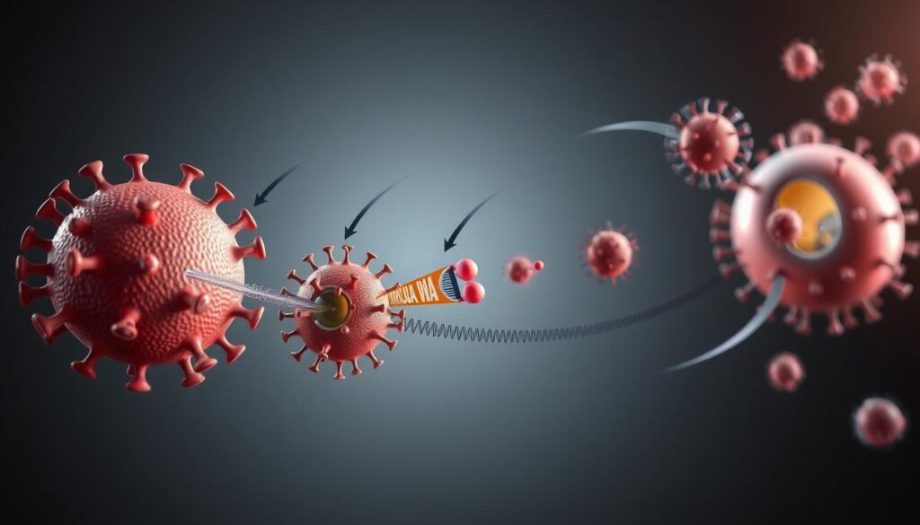 A detailed 3D illustration of the herpes simplex virus life cycle, showcasing the different stages of viral infection and replication. The foreground depicts the virus particle attaching to a host cell, injecting its genetic material, and hijacking the cell's machinery to produce new viral particles. The middle ground features the viral DNA integrating into the host cell's genome, triggering the lytic and lysogenic cycles. The background shows the release of newly assembled virions from the host cell, ready to infect neighboring cells. The scene is rendered with a clean, scientific aesthetic, using a neutral color palette and dramatic lighting to emphasize the biological processes. The overall mood is one of clinical precision, highlighting the complexity and efficiency of the HSV life cycle.