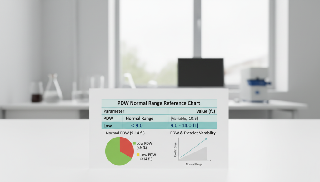 A detailed PDW (Platelet Distribution Width) normal range reference chart, presented in a clean, professional layout on a white background. In the foreground, include a well-organized table displaying various PDW values, highlighting the normal range clearly with contrasting colors for emphasis. In the middle, incorporate infographics like simple line graphs or pie charts illustrating the significance of PDW in blood analysis. The background should be softly blurred to maintain focus on the chart while suggesting an analytical laboratory environment. Bright, natural lighting enhances the clarity of the data, and the overall atmosphere conveys a sense of professionalism and scientific rigor. No text, captions, or logos included.