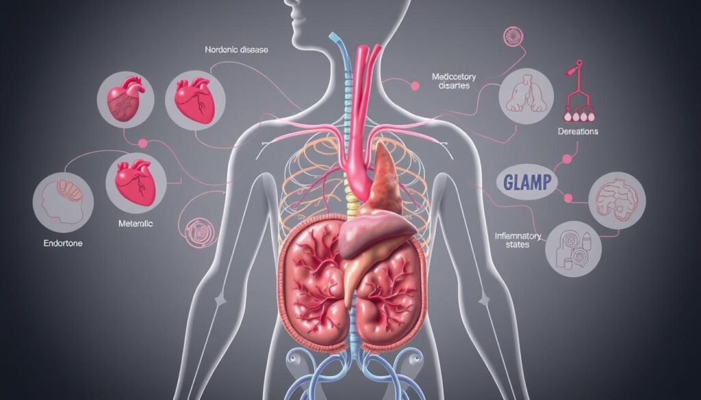 A detailed anatomical illustration depicting the connections between hormonal imbalance and chronic disease. In the foreground, a cross-section of the human endocrine system, highlighting the key glands and their intricate hormonal interplay. In the middle ground, visual representations of various chronic conditions - cardiovascular disease, metabolic disorders, and inflammatory states - all interconnected by sinuous pathways. The background is a muted, scientific color palette, evoking a sense of clinical precision. Crisp, high-resolution rendering with precise anatomical details, enhanced by a soft, diffused lighting that accentuates the complexity of the subject matter.