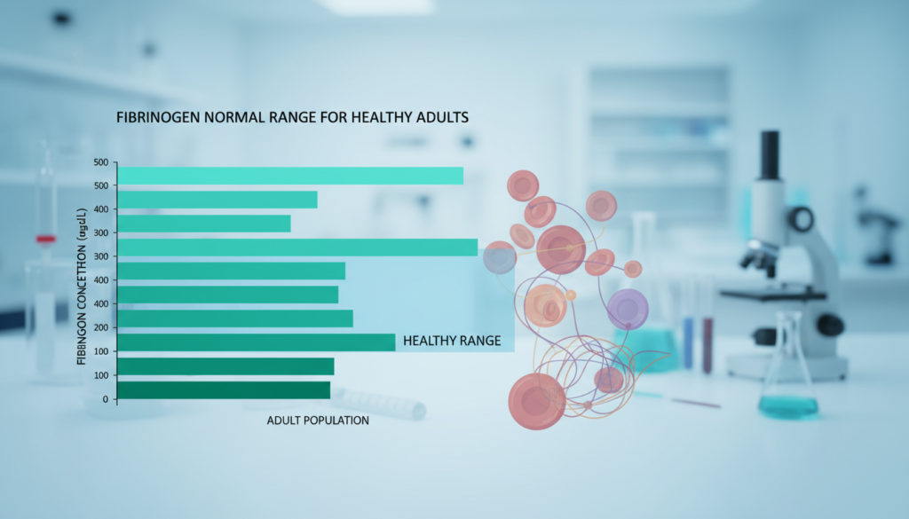 A detailed and informative illustration of a "Fibrinogen Normal Range Chart for Healthy Adults", designed for a medical article. The foreground features a clear and well-organized bar graph or line chart highlighting the normal fibrinogen levels, with shades of blue and green representing healthy ranges. The middle layer includes subtle illustrations of human blood cells or clotting mechanisms, conveying the role of fibrinogen in the clotting process, depicted in a semi-transparent format. The background is a soft, blurred medical laboratory setting, with gentle lighting that creates a professional and calming atmosphere. The overall image is clean, visually engaging, and devoid of any text, emphasizing the educational purpose of the chart. A detailed and informative illustration of a "Fibrinogen Normal Range Chart for Healthy Adults", designed for a medical article. The foreground features a clear and well-organized bar graph or line chart highlighting the normal fibrinogen levels, with shades of blue and green representing healthy ranges. The middle layer includes subtle illustrations of human blood cells or clotting mechanisms, conveying the role of fibrinogen in the clotting process, depicted in a semi-transparent format. The background is a soft, blurred medical laboratory setting, with gentle lighting that creates a professional and calming atmosphere. The overall image is clean, visually engaging, and devoid of any text, emphasizing the educational purpose of the chart.