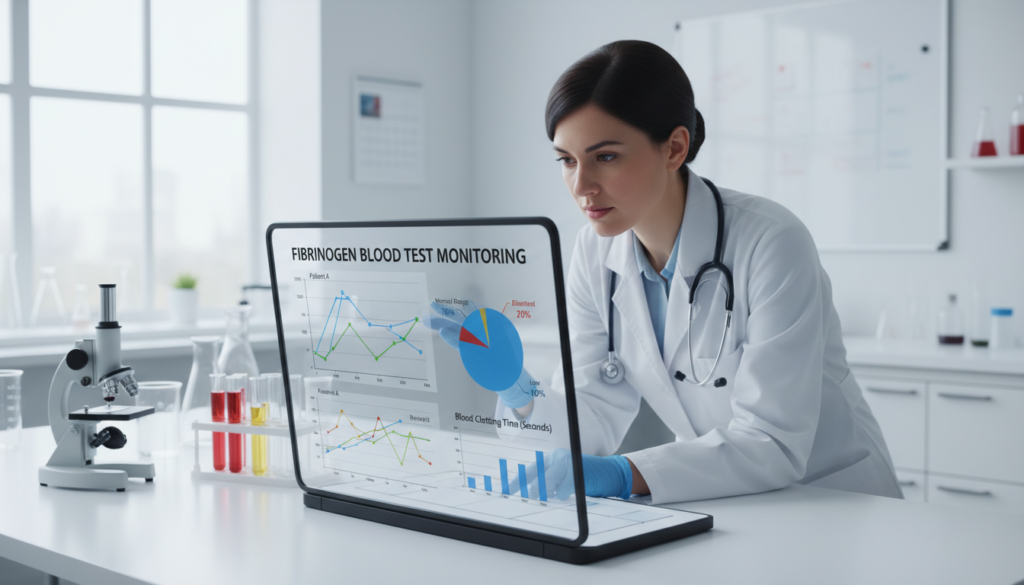 A detailed and informative illustration of a fibrinogen blood test monitoring schedule. In the foreground, display a sleek, modern blood test results dashboard with graphs indicating fibrinogen levels over time. Include colorful line graphs and pie charts in a professional layout. In the middle ground, depict a health professional wearing a lab coat, analyzing the dashboard with a focused expression, surrounded by medical equipment such as test tubes and a microscope. The background should feature a clinical setting with soft, bright lighting that conveys a sense of cleanliness and professionalism. Capture a mood of diligence and careful observation, highlighting the importance of monitoring fibrinogen levels in relation to blood clotting. A detailed and informative illustration of a fibrinogen blood test monitoring schedule. In the foreground, display a sleek, modern blood test results dashboard with graphs indicating fibrinogen levels over time. Include colorful line graphs and pie charts in a professional layout. In the middle ground, depict a health professional wearing a lab coat, analyzing the dashboard with a focused expression, surrounded by medical equipment such as test tubes and a microscope. The background should feature a clinical setting with soft, bright lighting that conveys a sense of cleanliness and professionalism. Capture a mood of diligence and careful observation, highlighting the importance of monitoring fibrinogen levels in relation to blood clotting.