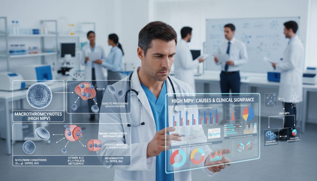 A detailed and informative illustration showcasing the concept of high Mean Platelet Volume (MPV) and its causes. In the foreground, depict a medical professional, dressed in a white lab coat and blue scrubs, examining a large digital display showing vibrant, colorful data charts and graphs relating to MPV levels. The middle ground features a variety of medical diagrams, such as cells and platelets, represented with a high level of detail. In the background, softly blurred laboratory equipment and researchers in casual but professional attire, engaged in scientific discussions. The lighting should be bright but soft, creating a clinical and informative atmosphere, with emphasis on clarity and education. The perspective should be slightly angled, inviting viewers into a dynamic and engaging learning environment about MPV implications.