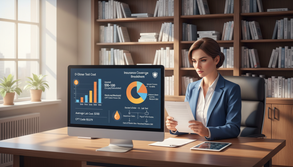 A detailed and informative illustration showcasing the cost and insurance coverage for D-dimer testing. In the foreground, display a computer screen with charts and graphs depicting testing costs and insurance reimbursement outlines. The middle ground features a clean, modern office environment with a healthcare professional in smart business attire, examining documents. The background shows shelves filled with medical journals and resources, creating a scholarly atmosphere. Soft, natural lighting filters in, highlighting the professionalism of the scene. The overall mood is focused and informative, conveying an atmosphere of trust and clarity in understanding healthcare costs. A detailed and informative illustration showcasing the cost and insurance coverage for D-dimer testing. In the foreground, display a computer screen with charts and graphs depicting testing costs and insurance reimbursement outlines. The middle ground features a clean, modern office environment with a healthcare professional in smart business attire, examining documents. The background shows shelves filled with medical journals and resources, creating a scholarly atmosphere. Soft, natural lighting filters in, highlighting the professionalism of the scene. The overall mood is focused and informative, conveying an atmosphere of trust and clarity in understanding healthcare costs.