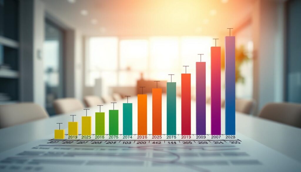 A detailed bar graph depicting healthcare expenditure trends over the past decade. The chart occupies the center foreground, featuring distinct bars in a vibrant color palette showcasing the fluctuations in funding across different years. The background blurs into a subtle, professional-looking office setting, with clean lines and muted tones. Soft, directional lighting casts a warm glow on the graph, highlighting the data points and creating depth and dimensionality. The overall mood is one of informative clarity, inviting the viewer to analyze the data and draw insights about the economic impact on health services.
