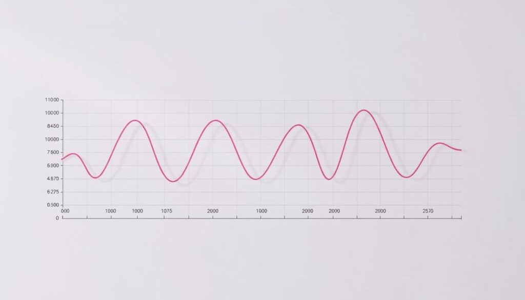 A detailed chart depicting the fluctuations of a woman's menstrual cycle over an irregular time period. The chart should feature sinusoidal lines representing the varying hormone levels, with peaks and valleys indicating the menstrual cycle irregularities. The background should have a clean, minimalist aesthetic with a soft, neutral color palette to create a sense of clinical professionalism. Subtle lighting from the top left casts gentle shadows, emphasizing the chart's three-dimensional elements. The overall composition should convey a sense of scientific analysis and medical understanding of female hormonal imbalances. A detailed chart depicting the fluctuations of a woman's menstrual cycle over an irregular time period. The chart should feature sinusoidal lines representing the varying hormone levels, with peaks and valleys indicating the menstrual cycle irregularities. The background should have a clean, minimalist aesthetic with a soft, neutral color palette to create a sense of clinical professionalism. Subtle lighting from the top left casts gentle shadows, emphasizing the chart's three-dimensional elements. The overall composition should convey a sense of scientific analysis and medical understanding of female hormonal imbalances.