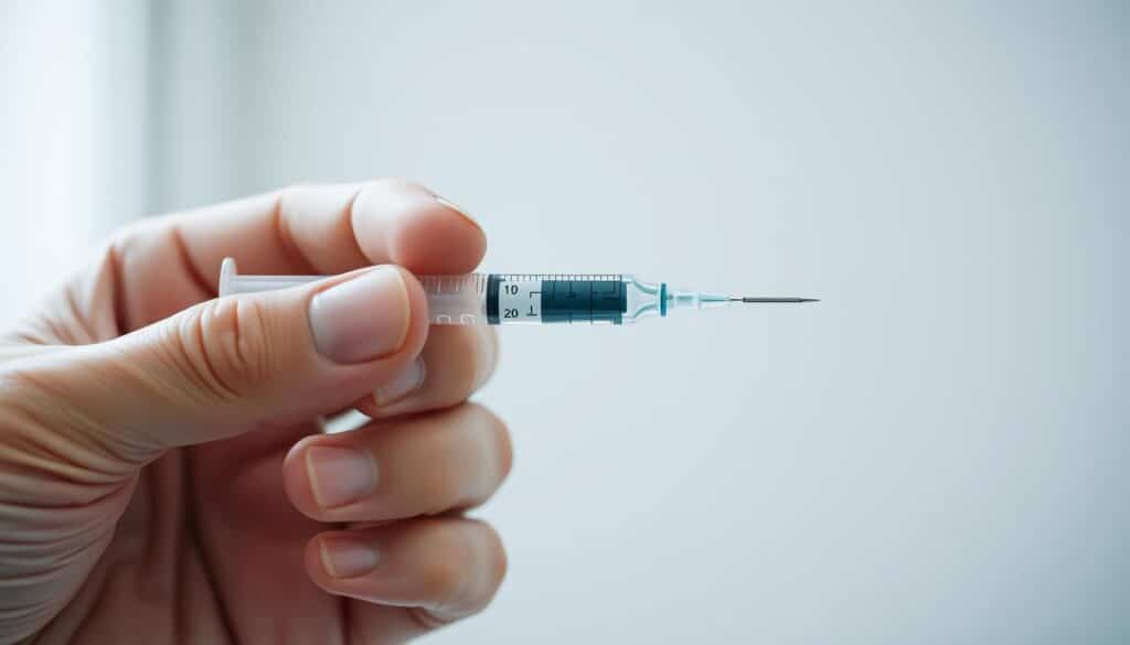 A detailed, clinical close-up view of a person's hand administering a Tezspire injection. The hand is holding a pre-filled syringe, the needle poised just above the skin, ready to be carefully inserted. The background is blurred, keeping the focus on the precise, delicate technique. Soft, directional lighting illuminates the scene, emphasizing the serious, meticulous nature of the procedure. The overall mood is one of calm professionalism, with a sense of the importance of proper technique for successful Tezspire administration in the treatment of asthma.