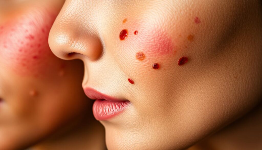 A detailed close-up illustration of different types of post-inflammatory hyperpigmentation on diverse skin tones. Captured under soft, even lighting with a macro lens to showcase the unique patterns, shapes, and hues of the pigmentation, ranging from small, localized spots to larger, more diffuse patches. The foreground features the main focus, while the background is blurred to emphasize the subject. The overall mood is clinical yet visually striking, allowing the viewer to clearly observe and compare the various PIH manifestations. A detailed close-up illustration of different types of post-inflammatory hyperpigmentation on diverse skin tones. Captured under soft, even lighting with a macro lens to showcase the unique patterns, shapes, and hues of the pigmentation, ranging from small, localized spots to larger, more diffuse patches. The foreground features the main focus, while the background is blurred to emphasize the subject. The overall mood is clinical yet visually striking, allowing the viewer to clearly observe and compare the various PIH manifestations.