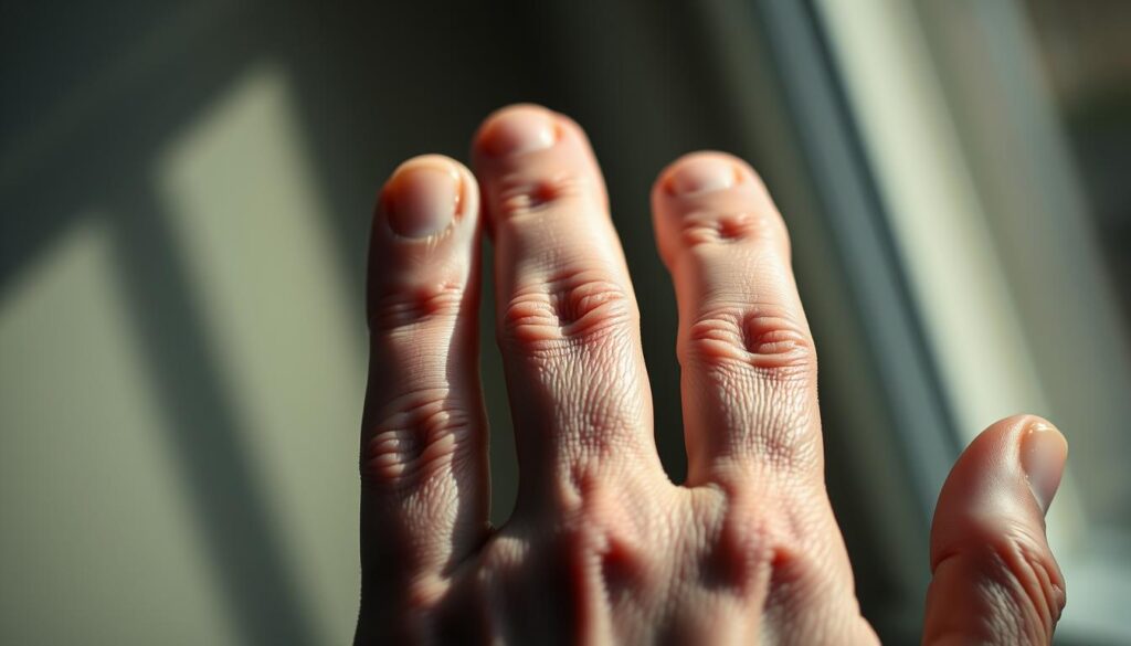 A detailed close-up of a human hand with Beau's lines, a distinctive horizontal ridges across the fingernails indicating a serious underlying health condition. The skin is pale and mottled, the nails discolored and textured. The hand is illuminated by soft, dramatic lighting from the side, casting shadows and emphasizing the irregularities. The background is blurred, keeping the focus solely on the afflicted hand, conveying a sense of medical urgency and personal concern. The composition is tightly framed, drawing the viewer's eye to the unsettling yet informative details of this physical symptom.