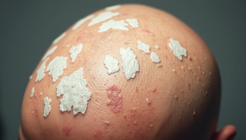 A detailed close-up of a human scalp with visible signs of psoriasis. The skin is inflamed, with thick, scaly, silvery-white patches covering a large portion of the scalp. The texture is rough and uneven, with some areas appearing cracked or flaky. The lighting is soft and diffused, casting gentle shadows that accentuate the contours of the scalp and the affected areas. The background is blurred and out of focus, keeping the viewer's attention on the intricate details of the psoriatic condition. The overall mood is one of clinical examination, highlighting the medical nature of the subject matter.