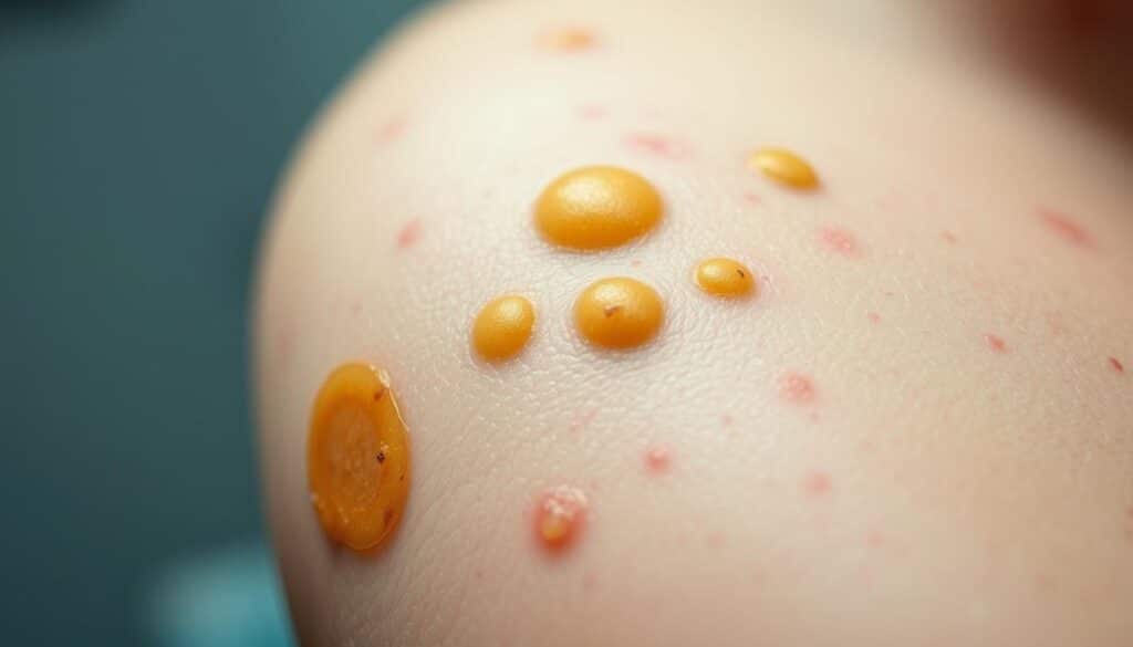 A detailed close-up of a patient's skin, showing the characteristic yellowish-brown lesions and telangiectasias associated with necrobiosis lipoidica. The scene is lit by soft, diffused lighting, capturing the subtle textures and discoloration of the affected area. The skin is in focus, with a shallow depth of field blurring the background to emphasize the diagnostic features. The composition is centered on the affected region, allowing for a clear examination of the condition. The overall mood is clinical yet empathetic, conveying the importance of the diagnostic process for this challenging dermatological condition.