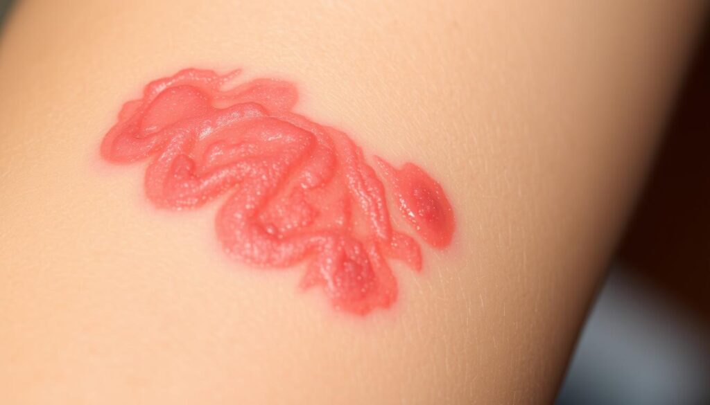 A detailed close-up of a sun-exposed arm or leg, showing the distinctive features of Bowen's disease - red, scaly, well-demarcated patches with a velvety or crusted appearance. The skin appears slightly thickened, with an irregular, erythematous border. The lighting is soft and diffuse, emphasizing the textural details of the affected area. The image is captured with a macro lens at a medium angle, providing a clear, clinical view that allows the viewer to closely examine the characteristic signs of this precancerous skin condition. A detailed close-up of a sun-exposed arm or leg, showing the distinctive features of Bowen's disease - red, scaly, well-demarcated patches with a velvety or crusted appearance. The skin appears slightly thickened, with an irregular, erythematous border. The lighting is soft and diffuse, emphasizing the textural details of the affected area. The image is captured with a macro lens at a medium angle, providing a clear, clinical view that allows the viewer to closely examine the characteristic signs of this precancerous skin condition.