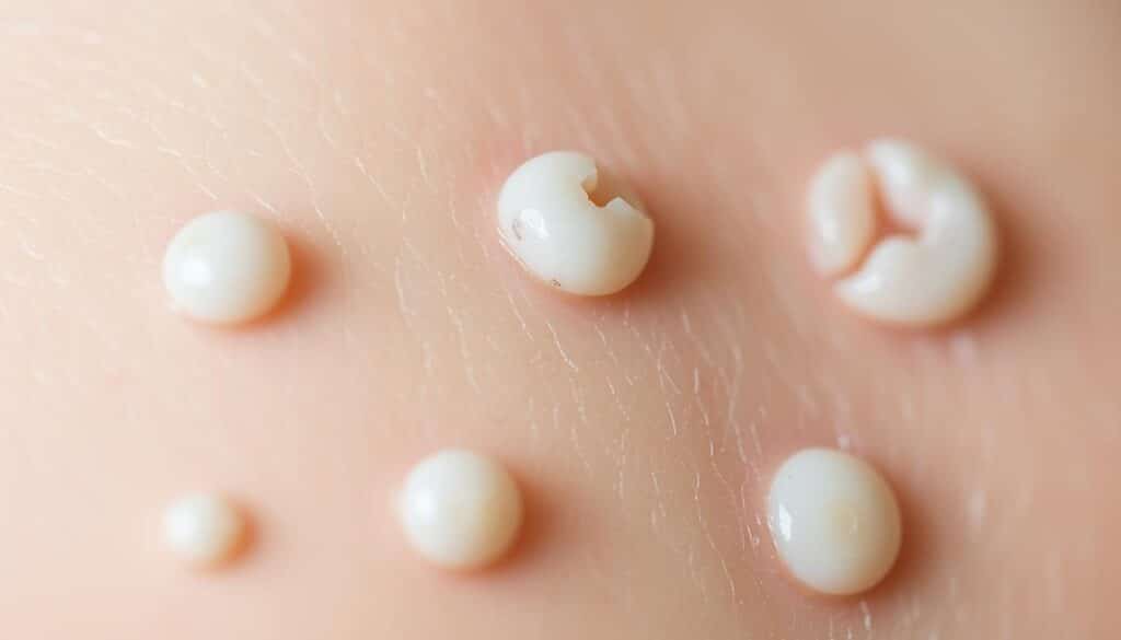 A detailed close-up of skin affected by molluscum contagiosum, showing the characteristic pearly, dome-shaped lesions with a central indentation. The foreground is in sharp focus, with soft, diffused lighting highlighting the textural details of the skin. The middle ground fades into a blurred, muted background, emphasizing the medical nature of the subject. The composition is balanced, with the lesions arranged in an aesthetically pleasing manner. The overall mood is clinical yet visually compelling, suitable for an educational medical illustration. A detailed close-up of skin affected by molluscum contagiosum, showing the characteristic pearly, dome-shaped lesions with a central indentation. The foreground is in sharp focus, with soft, diffused lighting highlighting the textural details of the skin. The middle ground fades into a blurred, muted background, emphasizing the medical nature of the subject. The composition is balanced, with the lesions arranged in an aesthetically pleasing manner. The overall mood is clinical yet visually compelling, suitable for an educational medical illustration.
