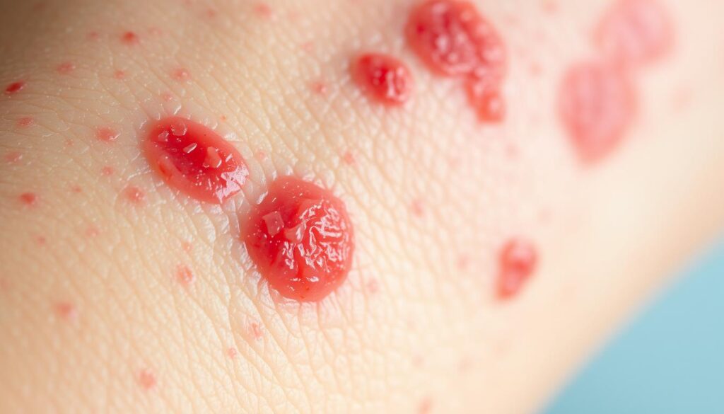 A detailed close-up of the skin, showcasing the characteristic red, inflamed, and itchy rashes typical of atopic dermatitis complications. The camera focuses on the rough, flaky texture of the skin, highlighting the severity of the condition. The lighting is soft and diffused, creating a sense of clinical examination. The background is blurred, keeping the emphasis on the intricate details of the affected skin. The overall mood is one of medical documentation, conveying the visual information necessary to understand the complications of this chronic skin disorder. A detailed close-up of the skin, showcasing the characteristic red, inflamed, and itchy rashes typical of atopic dermatitis complications. The camera focuses on the rough, flaky texture of the skin, highlighting the severity of the condition. The lighting is soft and diffused, creating a sense of clinical examination. The background is blurred, keeping the emphasis on the intricate details of the affected skin. The overall mood is one of medical documentation, conveying the visual information necessary to understand the complications of this chronic skin disorder.