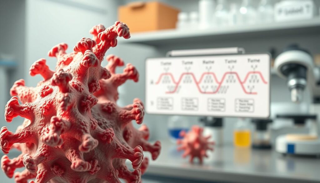 A detailed close-up of the spike protein structure, showcasing its genetic mutations. The foreground features a 3D rendering of the spike protein, with intricate textures and vibrant colors highlighting the key mutations. The middle ground presents a molecular diagram outlining the genetic changes, while the background depicts a scientific laboratory setting with microscopes and glassware, conveying a sense of scientific investigation. The lighting is soft and directional, creating depth and emphasizing the complex structure. The overall mood is one of scientific exploration and discovery, reflecting the section's focus on the genetic mutations that impact the virus's infection and transmission capabilities. A detailed close-up of the spike protein structure, showcasing its genetic mutations. The foreground features a 3D rendering of the spike protein, with intricate textures and vibrant colors highlighting the key mutations. The middle ground presents a molecular diagram outlining the genetic changes, while the background depicts a scientific laboratory setting with microscopes and glassware, conveying a sense of scientific investigation. The lighting is soft and directional, creating depth and emphasizing the complex structure. The overall mood is one of scientific exploration and discovery, reflecting the section's focus on the genetic mutations that impact the virus's infection and transmission capabilities.